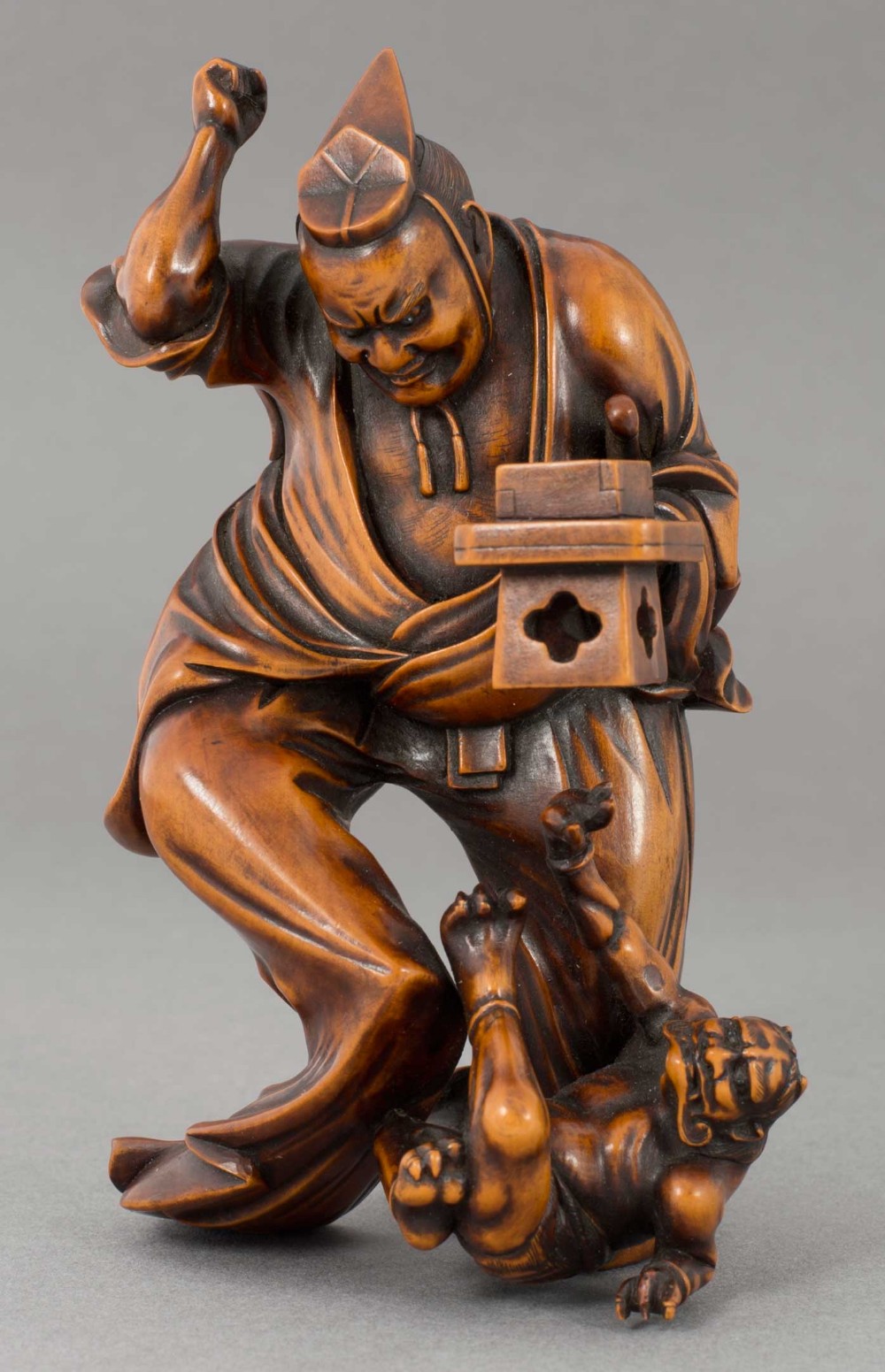 JAPANESE MEIJI PERIOD BOXWOOD OKIMONO DEPICTING SETSUBUN FESTIVAL AND ONI - SIGNED View VIII