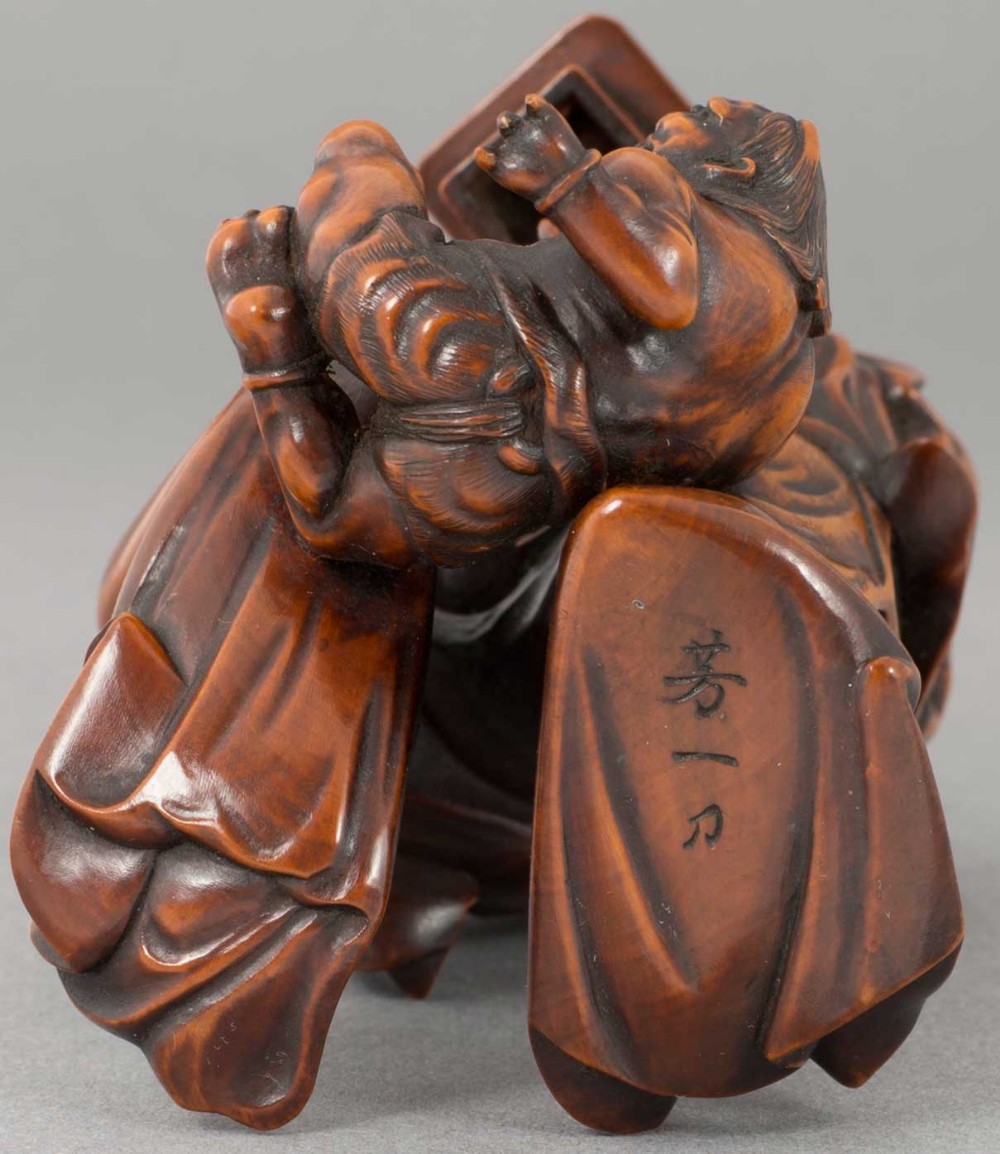 JAPANESE MEIJI PERIOD BOXWOOD OKIMONO DEPICTING SETSUBUN FESTIVAL AND ONI - SIGNED View IX