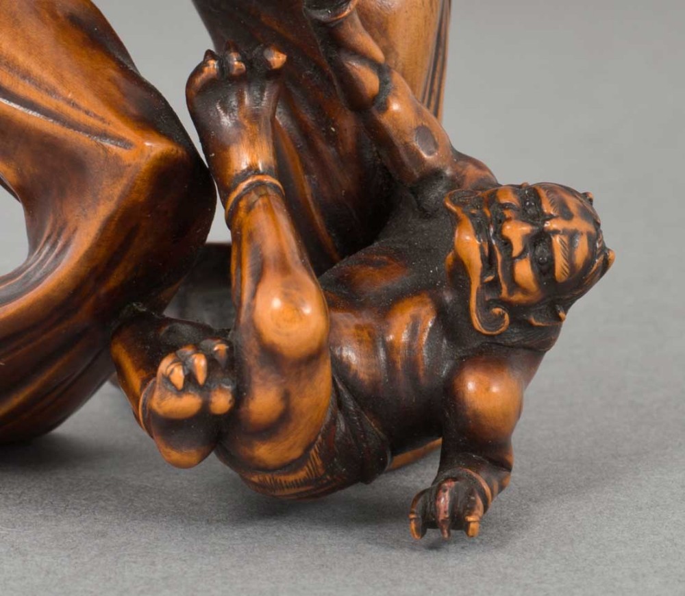 JAPANESE MEIJI PERIOD BOXWOOD OKIMONO DEPICTING SETSUBUN FESTIVAL AND ONI - SIGNED View XI