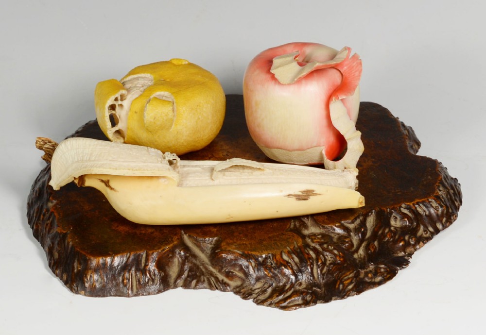 JAPANESE MEIJI PERIOD CARVED IVORY MIXED FRUIT OKIMONO View II