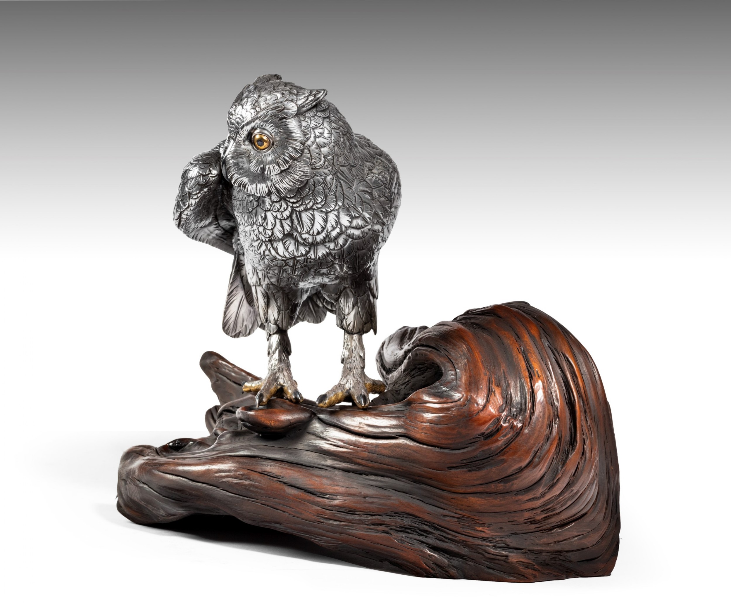 JAPANESE SILVERED BRONZE SNOWY OWL ON WOOD STAND BY YASUMASA View III