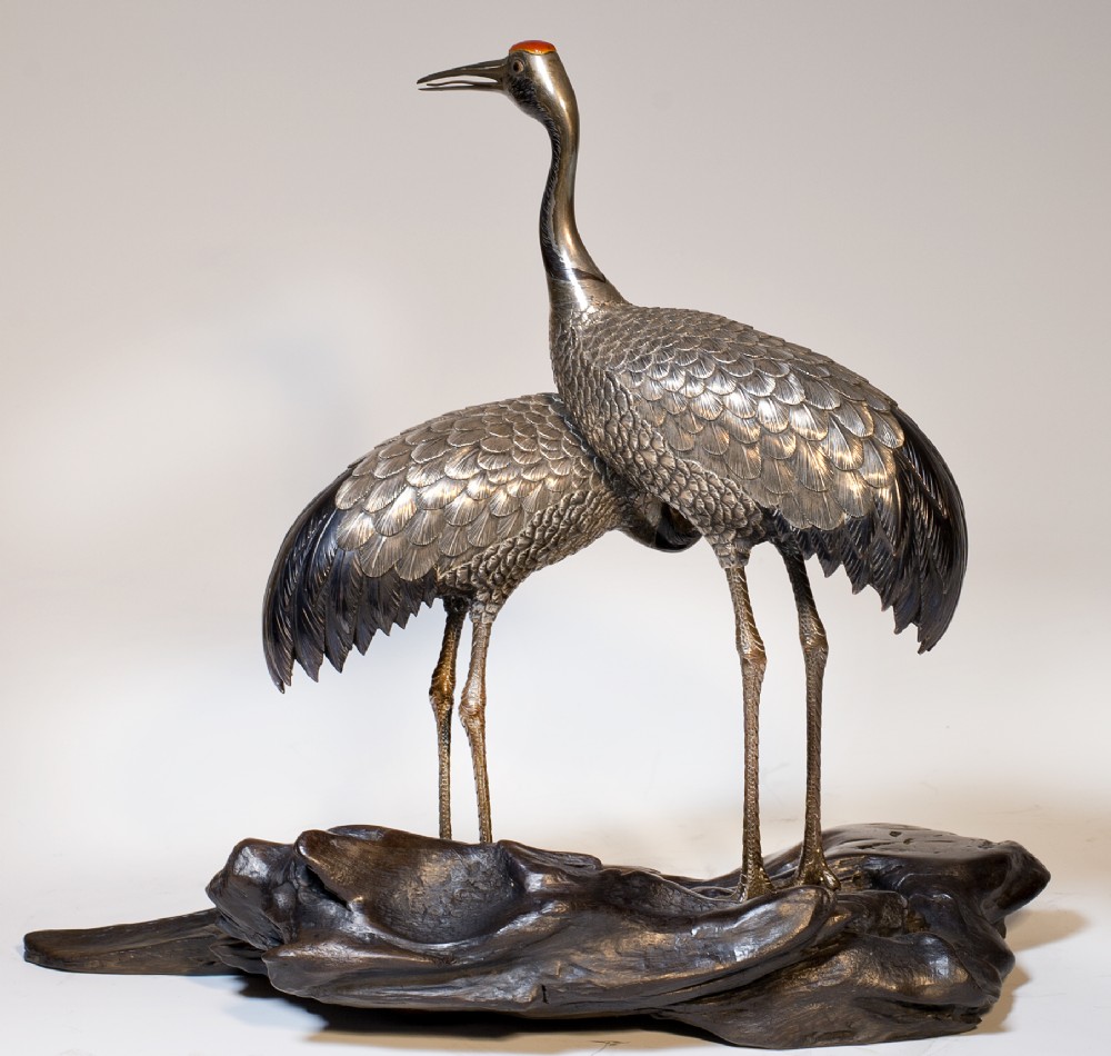 JAPANESE PURE SILVER MANCHURIAN CRANE OKIMONO BY 