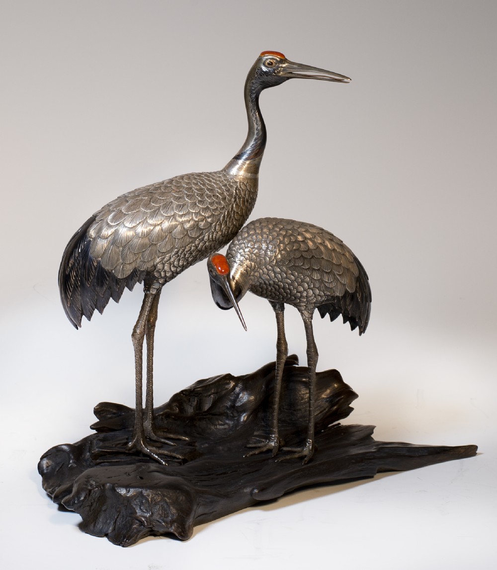 JAPANESE PURE SILVER MANCHURIAN CRANE OKIMONO BY 
