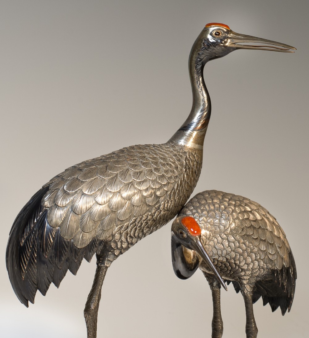 JAPANESE PURE SILVER MANCHURIAN CRANE OKIMONO BY 