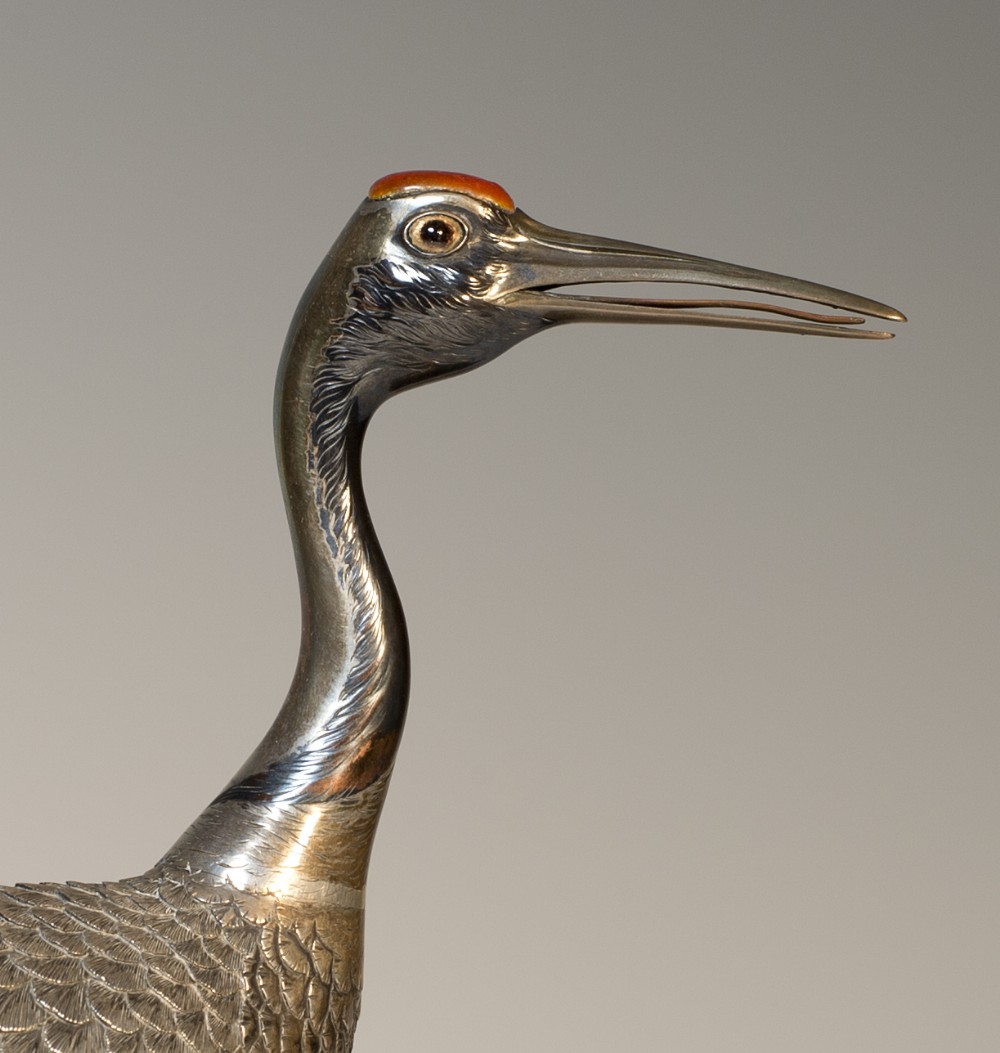 JAPANESE PURE SILVER MANCHURIAN CRANE OKIMONO BY 