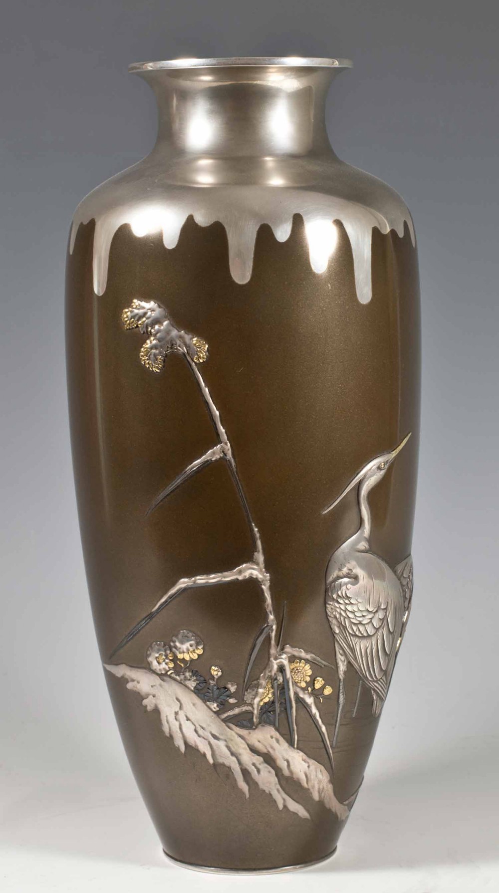JAPANESE MIXED METAL OZEKI STYLE EGRET VASE View II