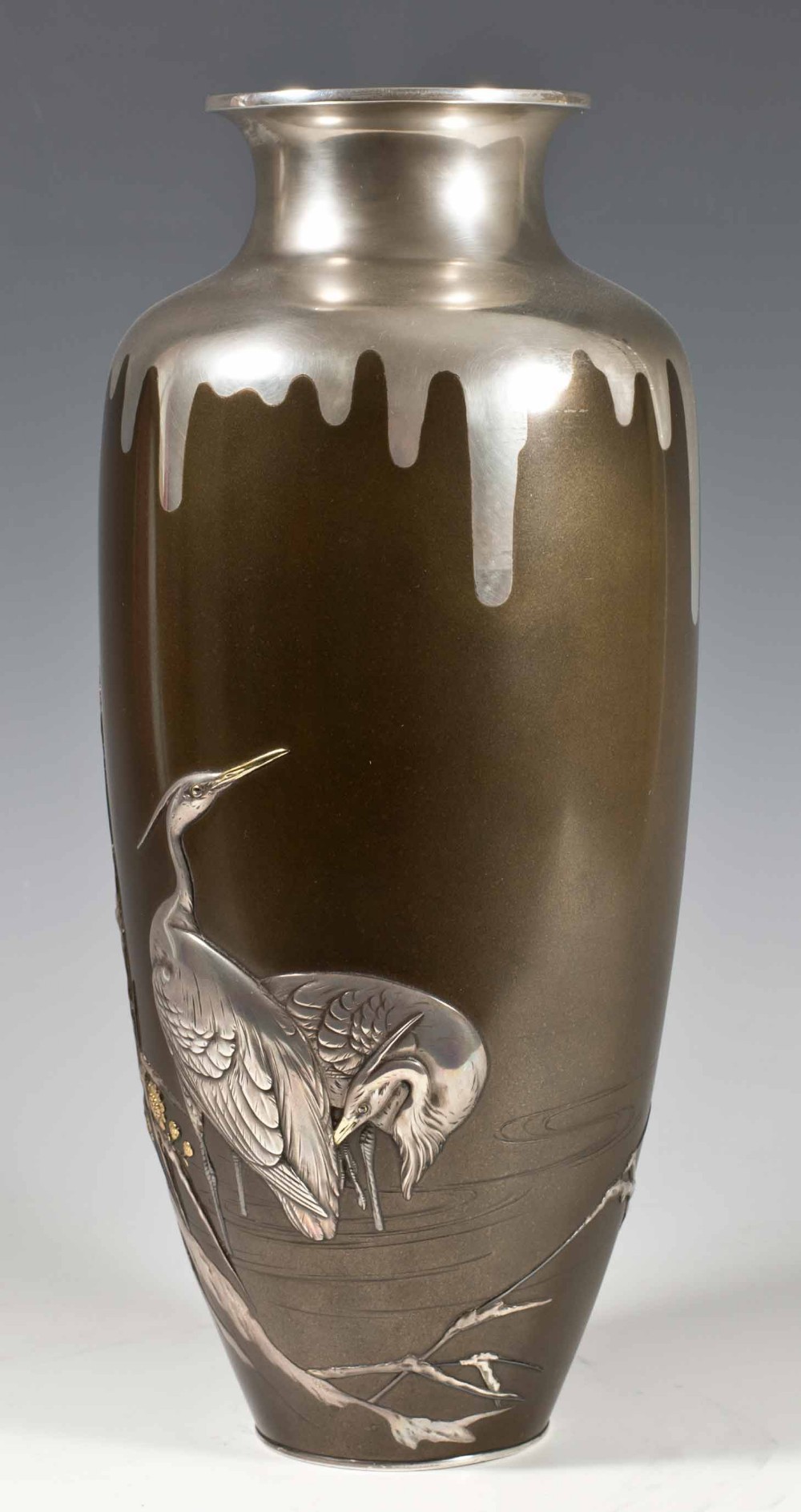 JAPANESE MIXED METAL OZEKI STYLE EGRET VASE View VI