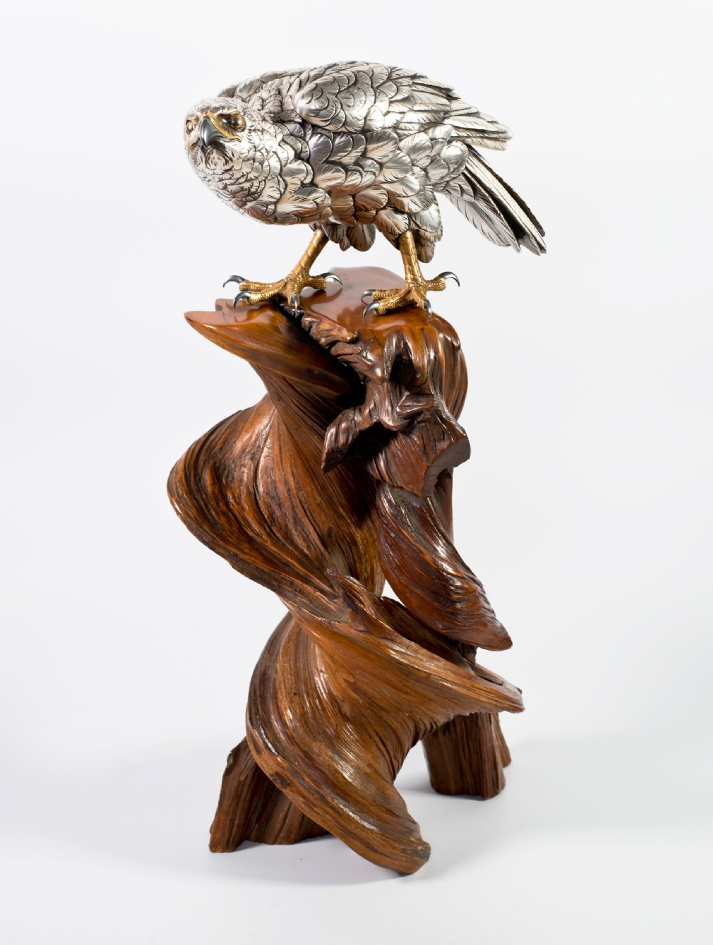 Japanese Silvered Bronze Hawk On Naturalistic Wood Stand-Yoshitani View II