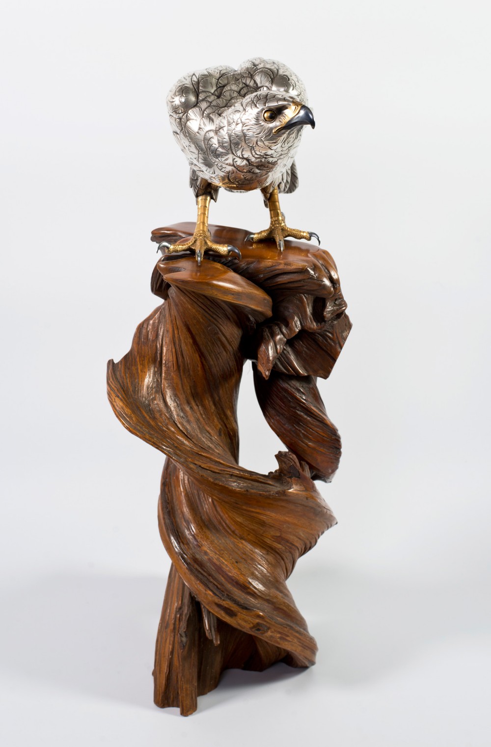 Japanese Silvered Bronze Hawk On Naturalistic Wood Stand-Yoshitani View IV