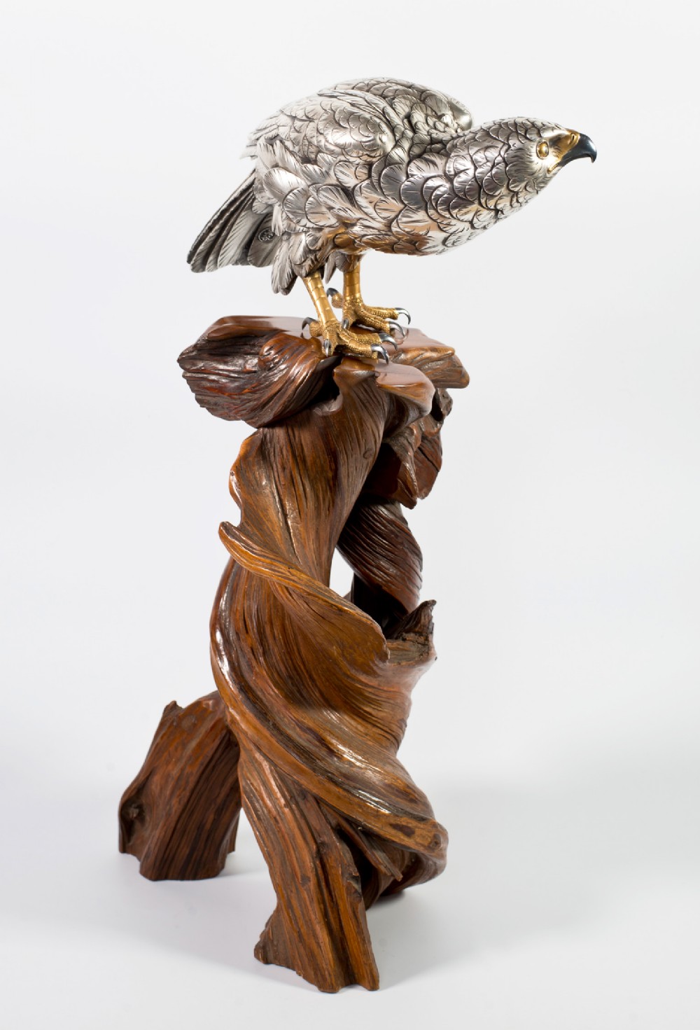 Japanese Silvered Bronze Hawk On Naturalistic Wood Stand-Yoshitani View V