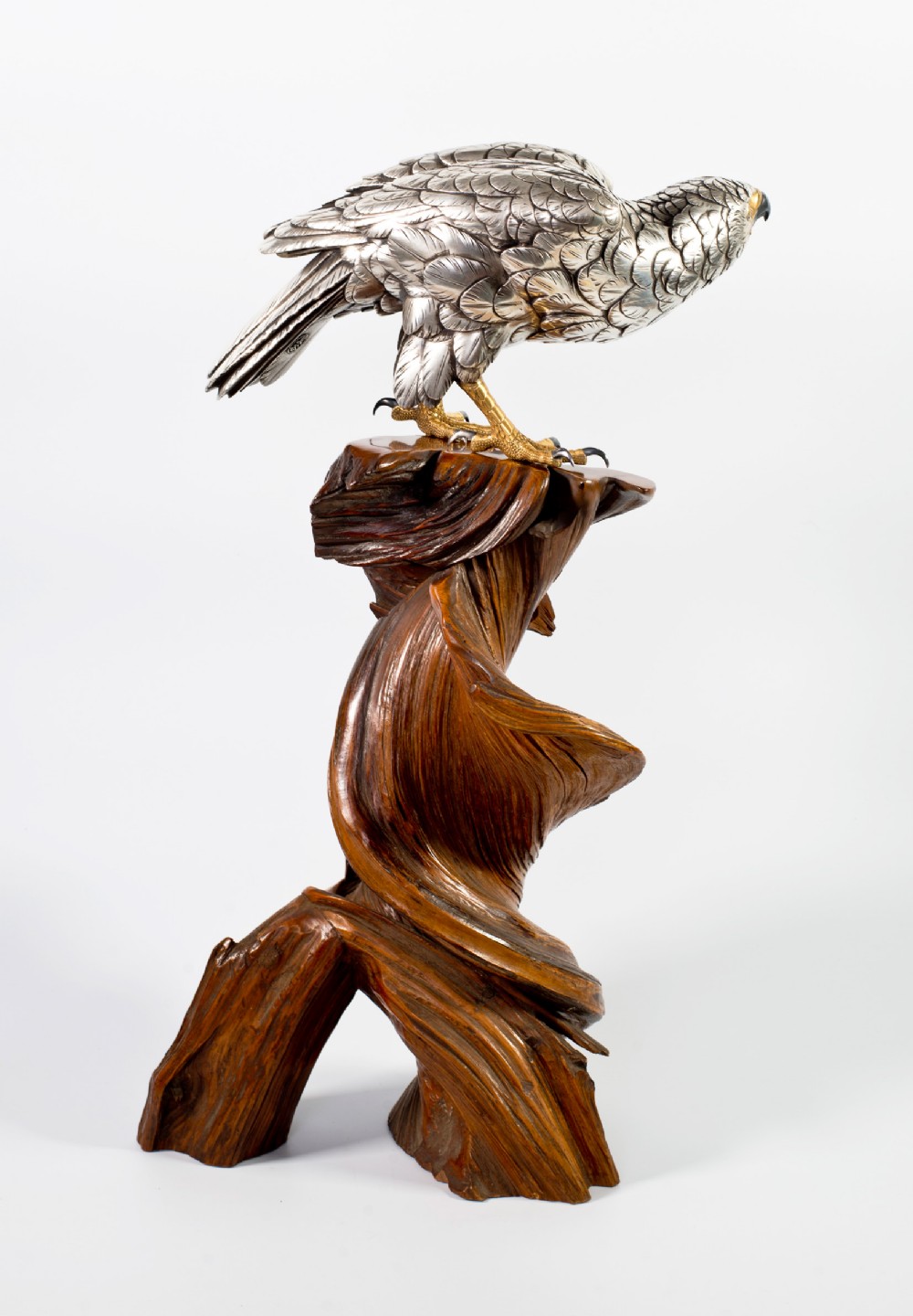 Japanese Silvered Bronze Hawk On Naturalistic Wood Stand-Yoshitani View VI