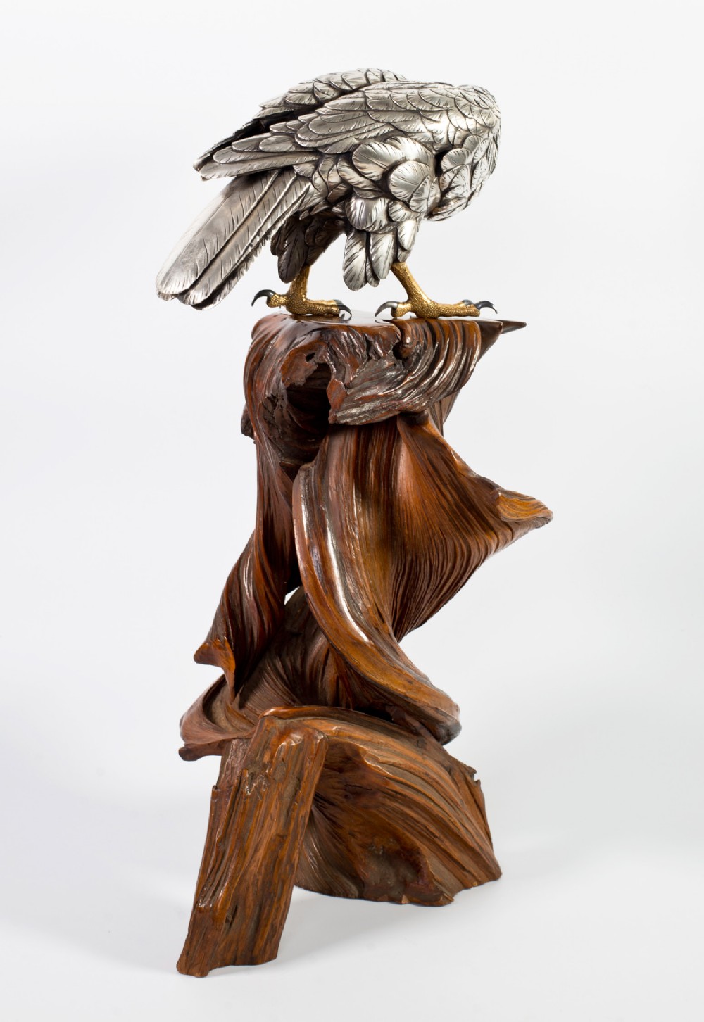 Japanese Silvered Bronze Hawk On Naturalistic Wood Stand-Yoshitani View VII