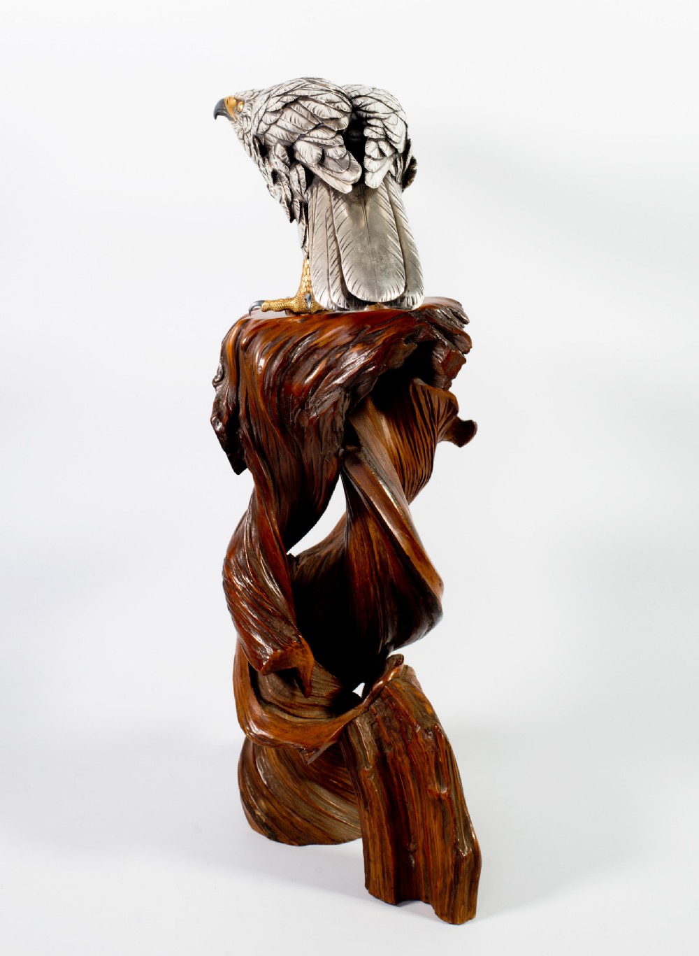 Japanese Silvered Bronze Hawk On Naturalistic Wood Stand-Yoshitani View VIII