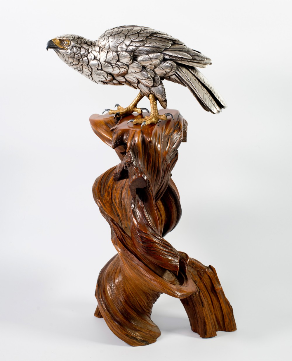 Japanese Silvered Bronze Hawk On Naturalistic Wood Stand-Yoshitani View IX