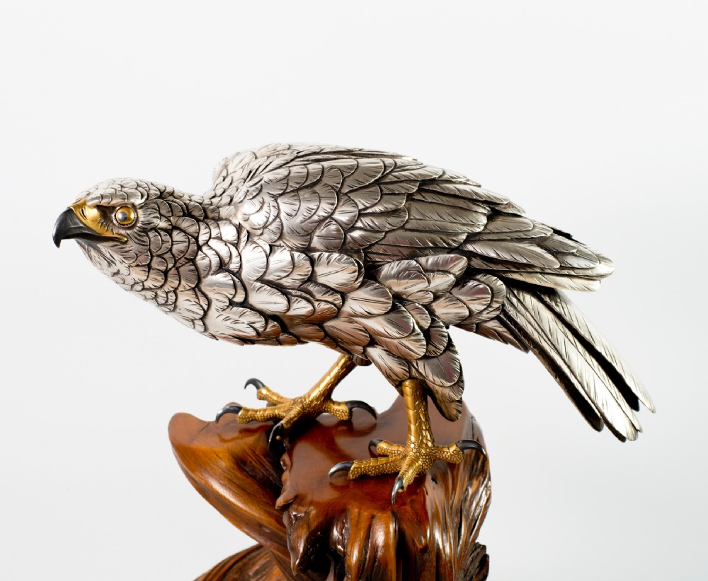 Japanese Silvered Bronze Hawk On Naturalistic Wood Stand-Yoshitani View X