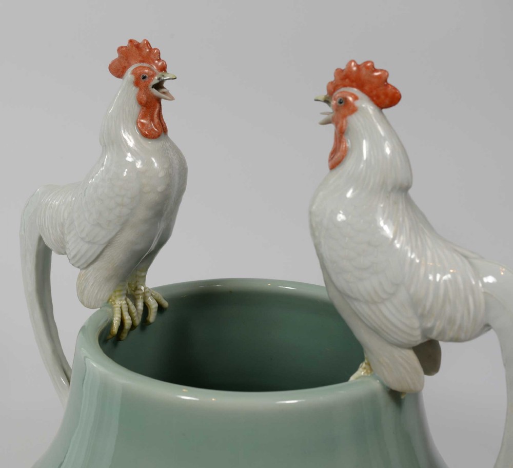 Rare Japanese Celadon Cockerel Vase By Makuzu Kozan View VII