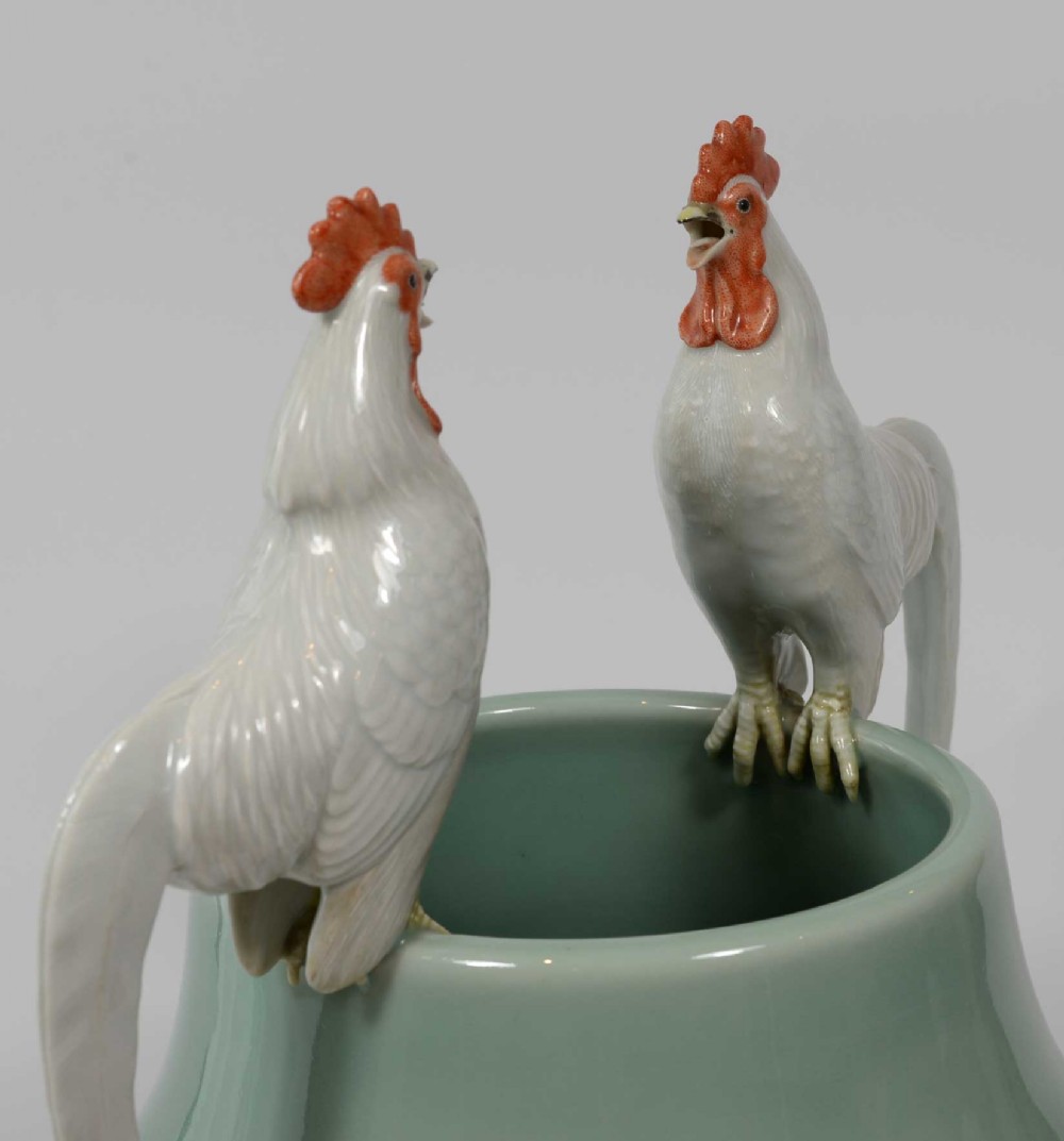 Rare Japanese Celadon Cockerel Vase By Makuzu Kozan View VIII