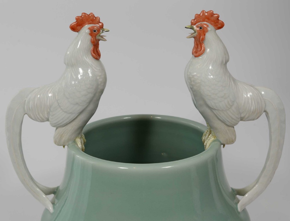 Rare Japanese Celadon Cockerel Vase By Makuzu Kozan View IX