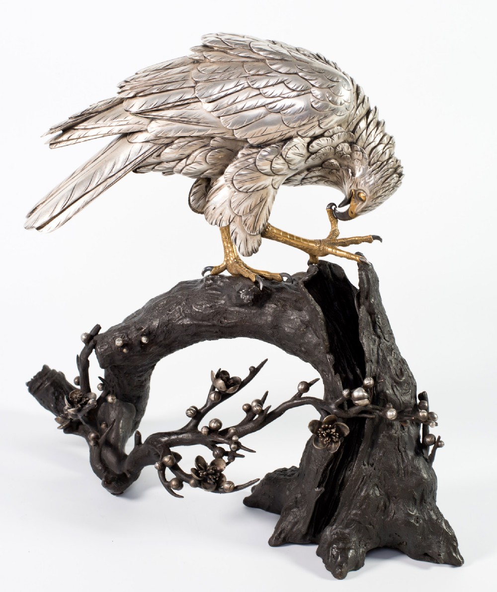 japanese silvered bronze hawk on prunus branch by kazan - CATEGORY: ANTIQUE SCULPTURES - DATED 1890