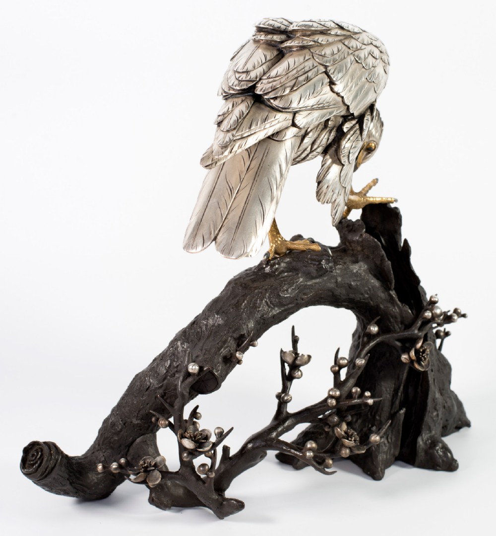 Japanese Silvered Bronze Hawk On Prunus Branch by Kazan View III