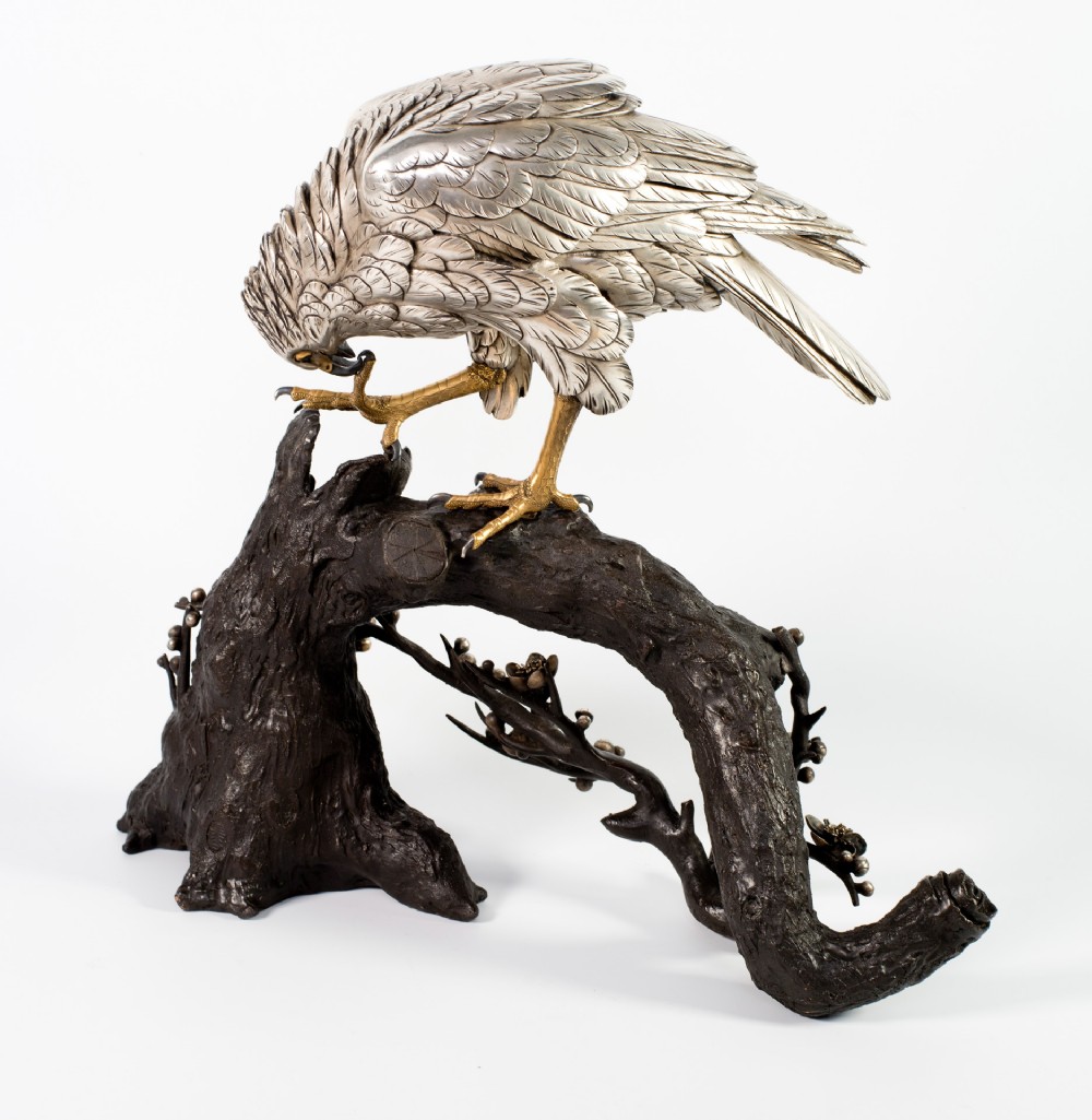 Japanese Silvered Bronze Hawk On Prunus Branch by Kazan View VII