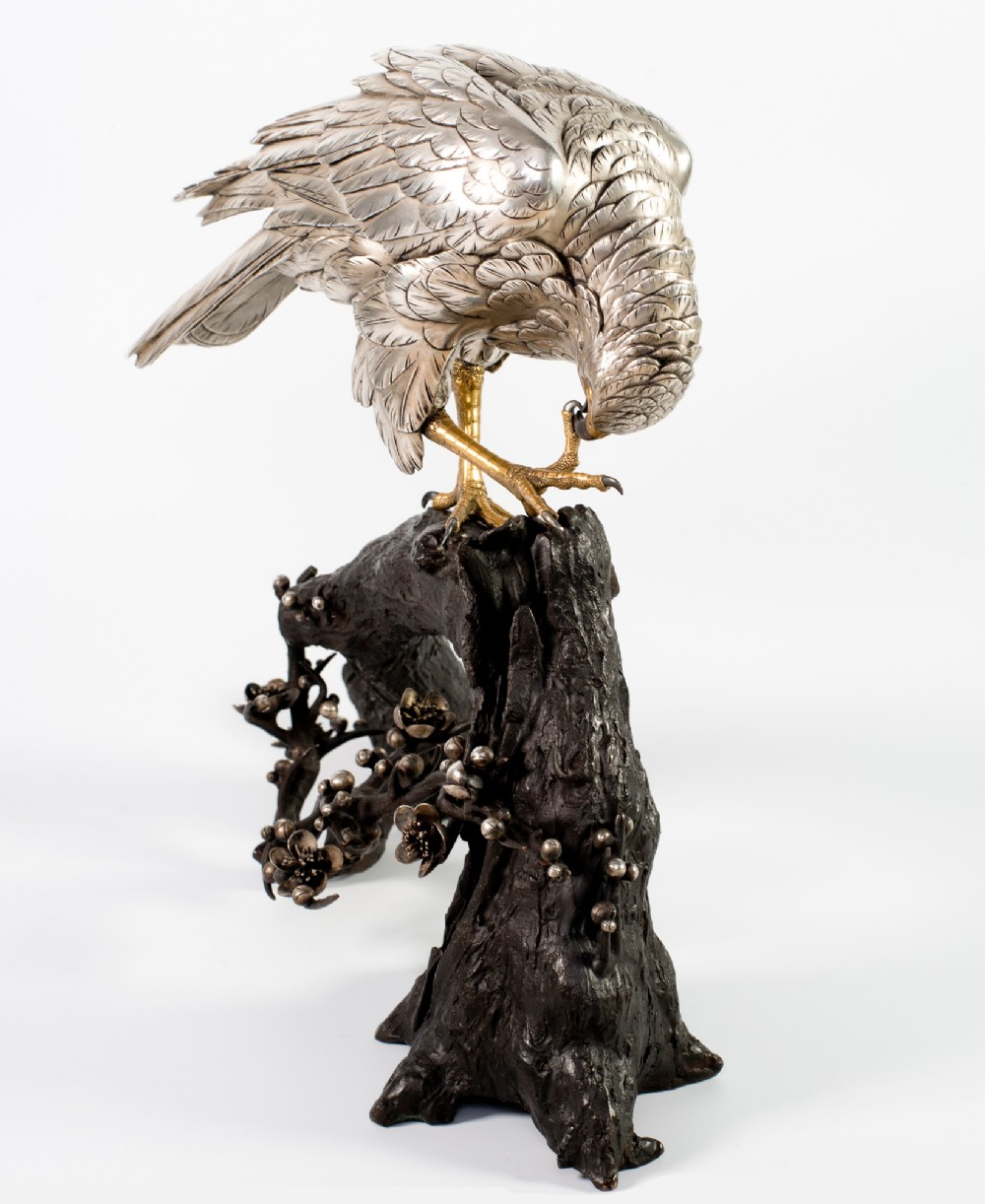 Japanese Silvered Bronze Hawk On Prunus Branch by Kazan View IX