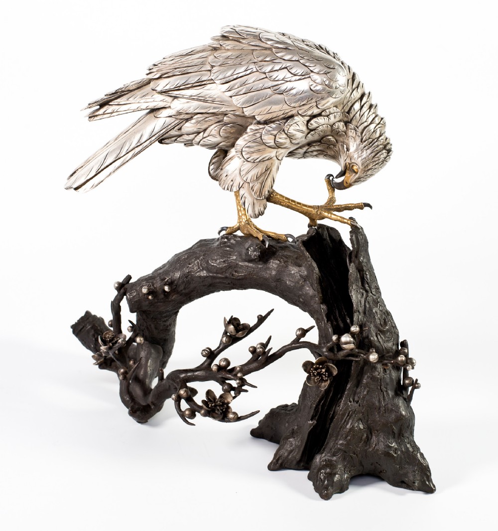 Japanese Silvered Bronze Hawk On Prunus Branch by Kazan View X