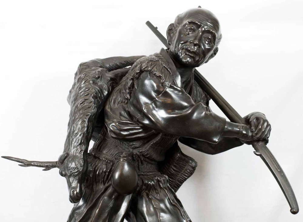 Huge Japanese Bronze Okimono  Hunter On a Rootwood  Base View VII