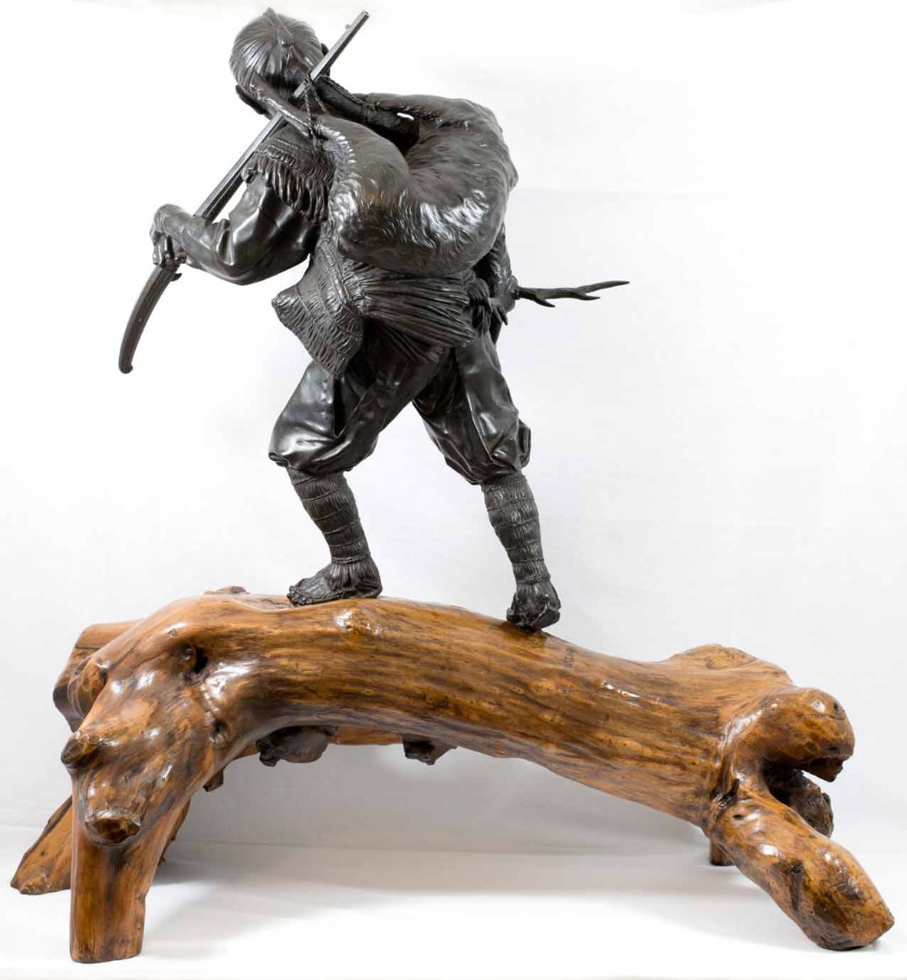 Huge Japanese Bronze Okimono  Hunter On a Rootwood  Base View VIII