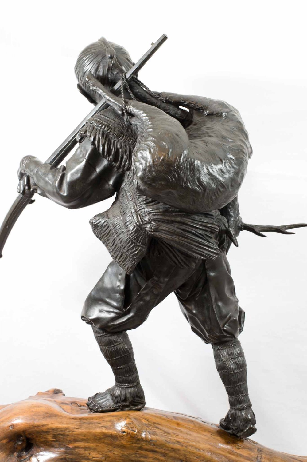 Huge Japanese Bronze Okimono  Hunter On a Rootwood  Base View XI