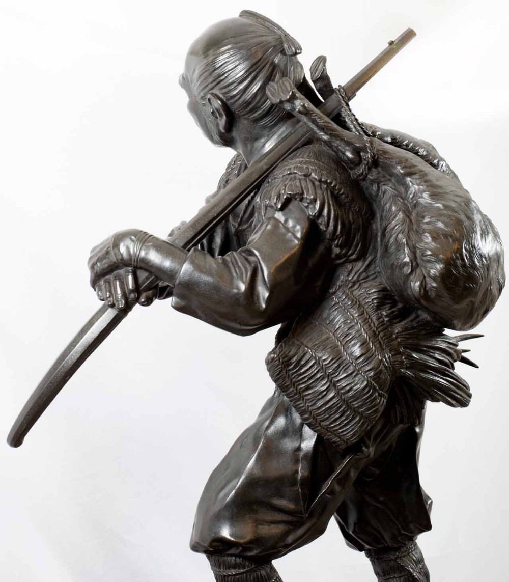 Huge Japanese Bronze Okimono  Hunter On a Rootwood  Base View XII