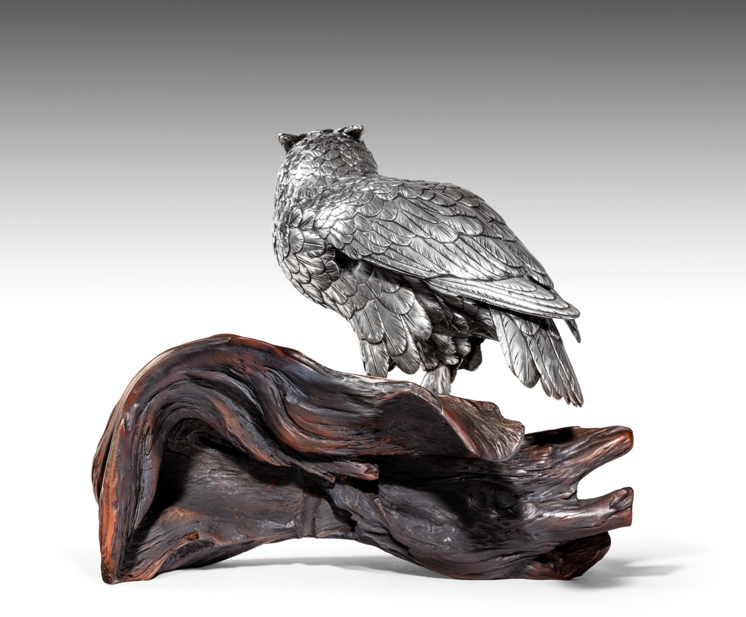Japanese Silvered Bronze Snowy Owl On Wood Stand By Yasumasa View V