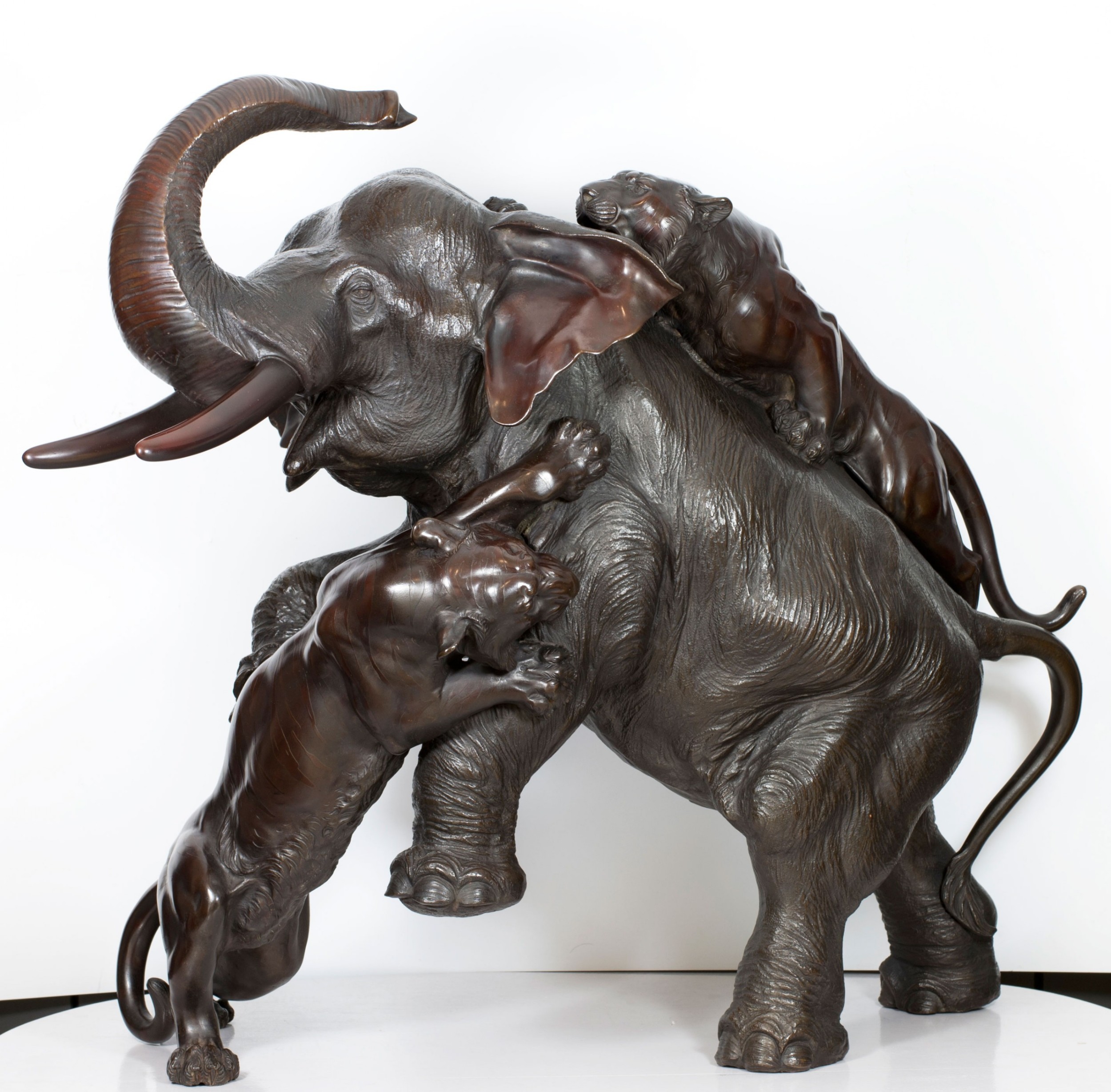 A Monumental Japanese Bronze Elephant & Tiger Okimono - Morimitsu for Seiya. View II