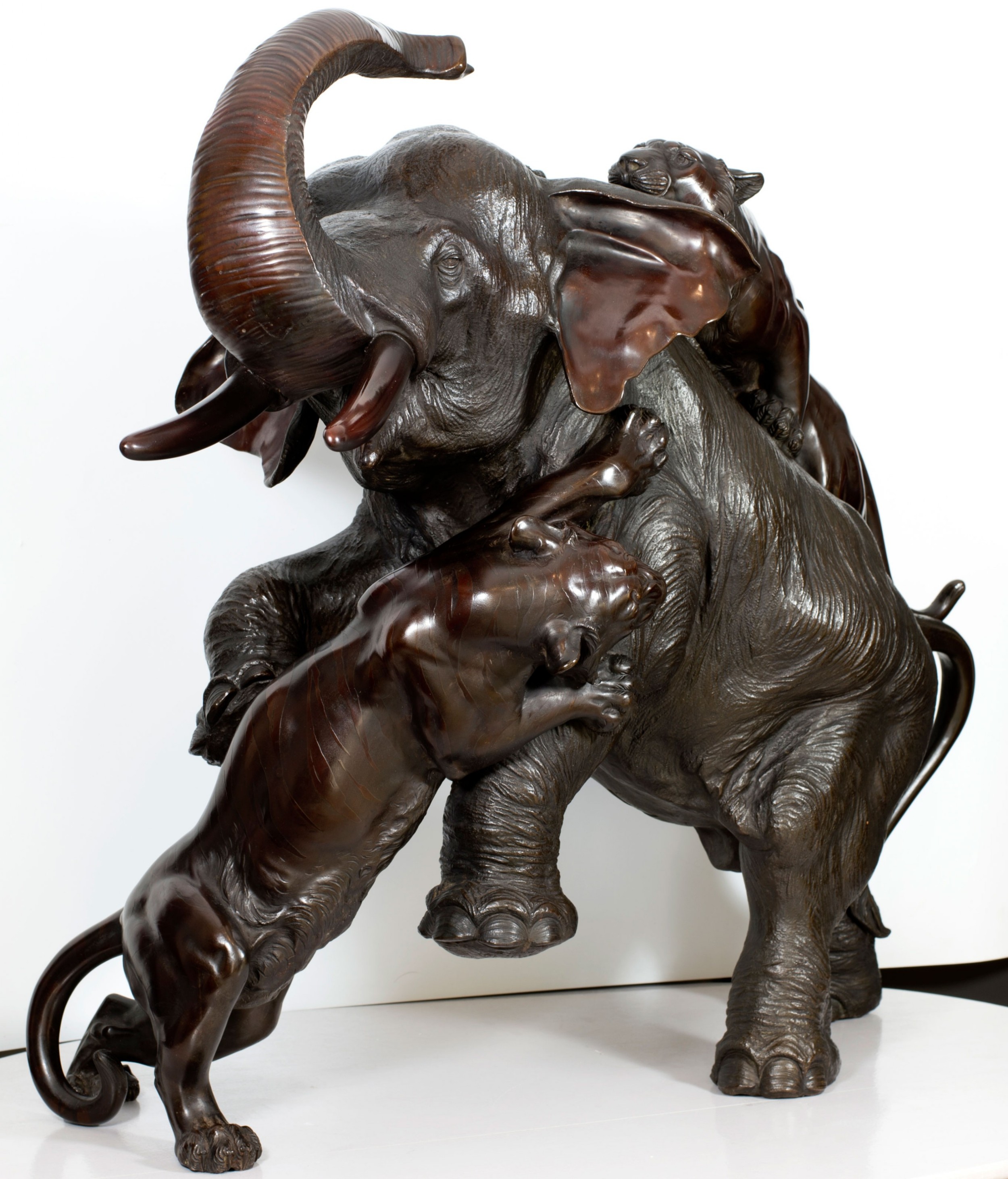 A Monumental Japanese Bronze Elephant & Tiger Okimono - Morimitsu for Seiya. View III