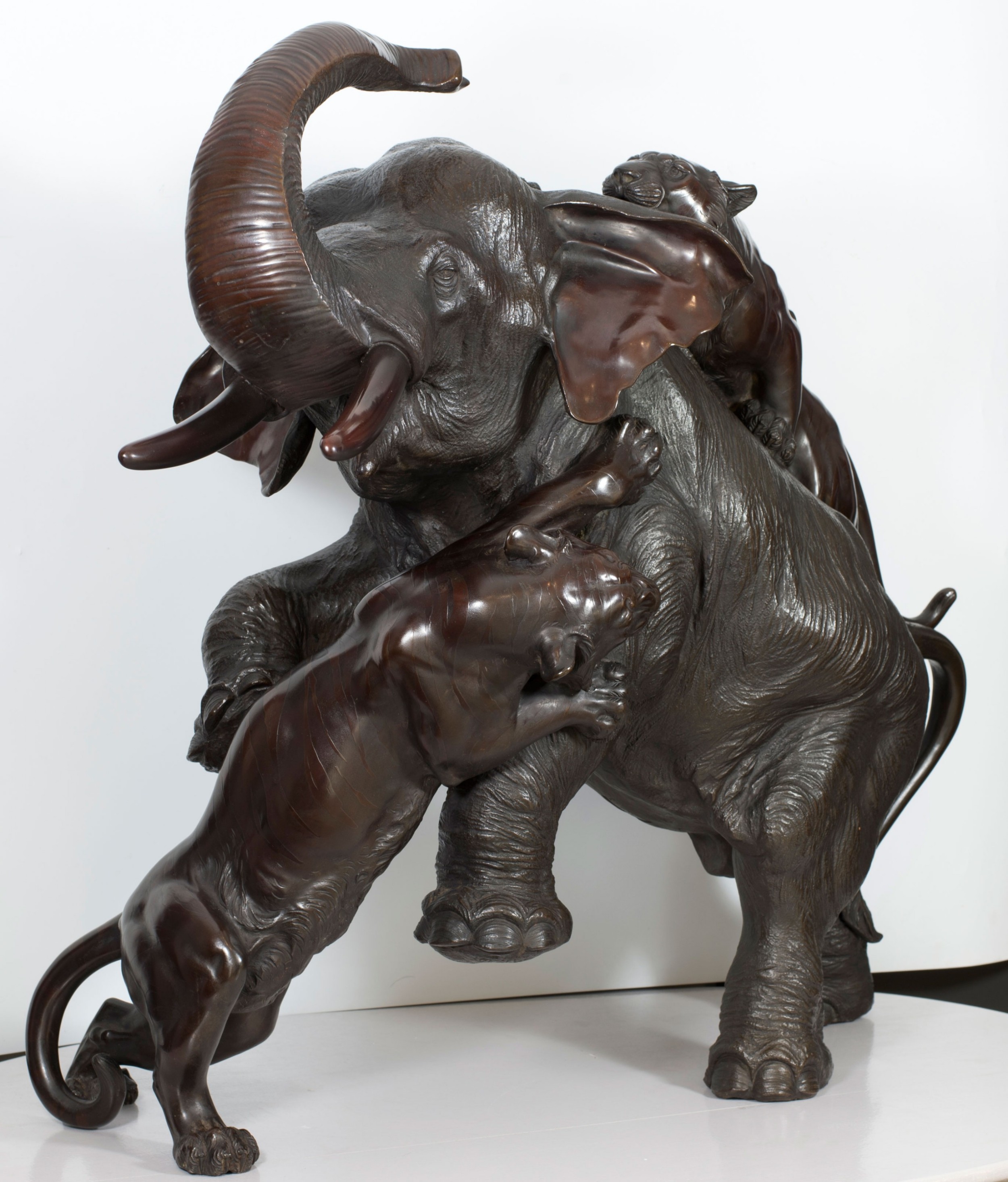 A Monumental Japanese Bronze Elephant & Tiger Okimono - Morimitsu for Seiya. View IV