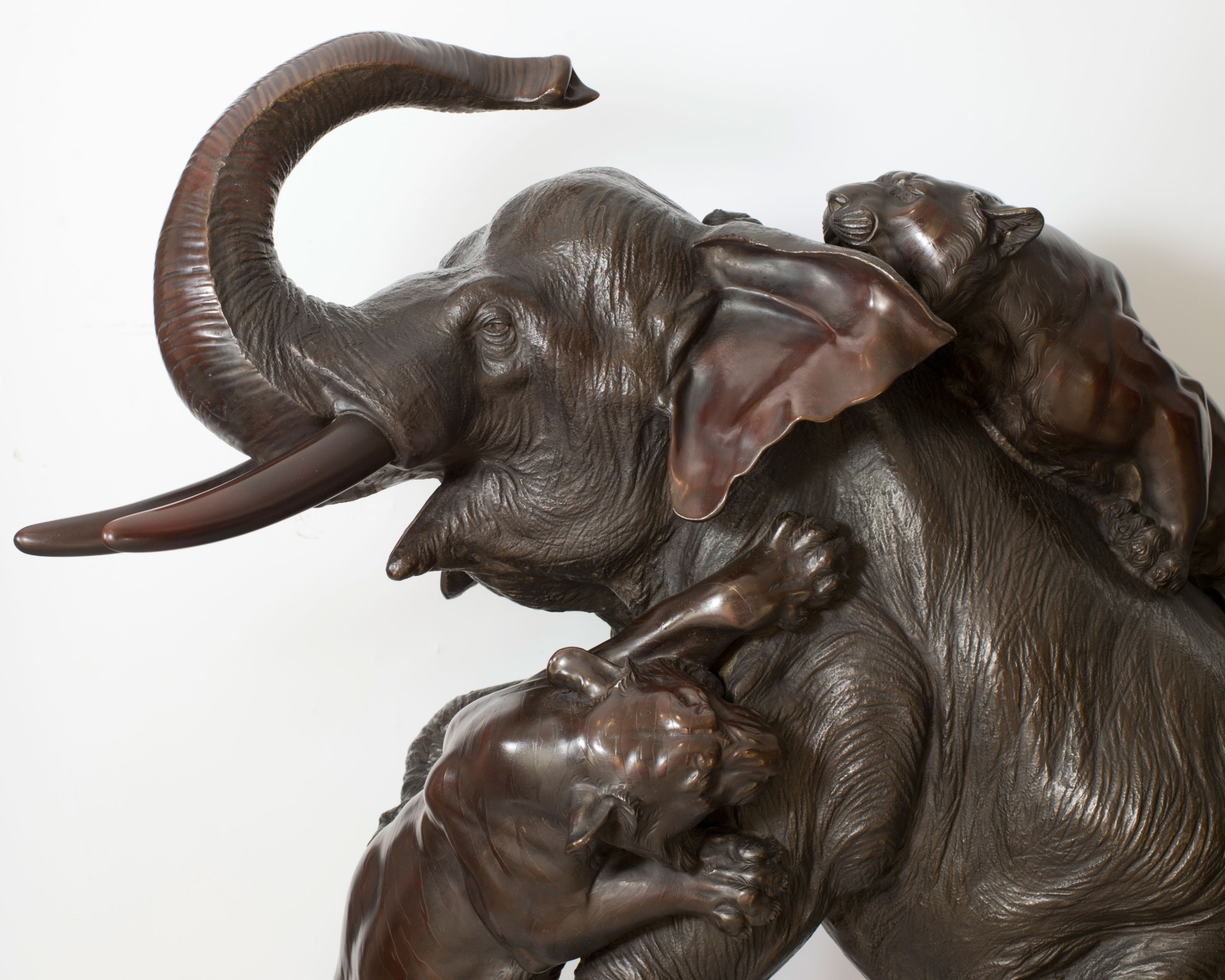 A Monumental Japanese Bronze Elephant & Tiger Okimono - Morimitsu for Seiya. View IX