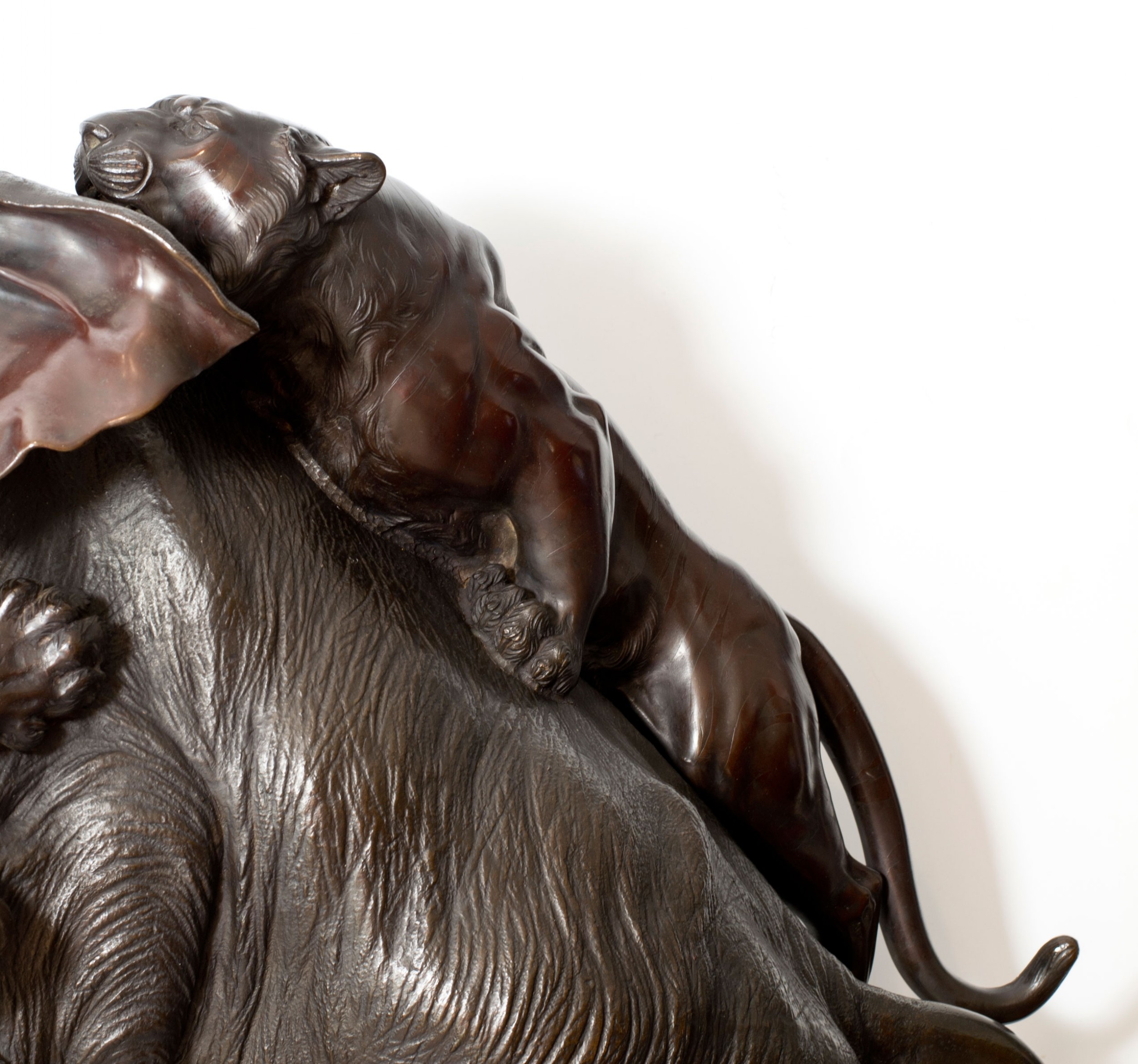 A Monumental Japanese Bronze Elephant & Tiger Okimono - Morimitsu for Seiya. View X