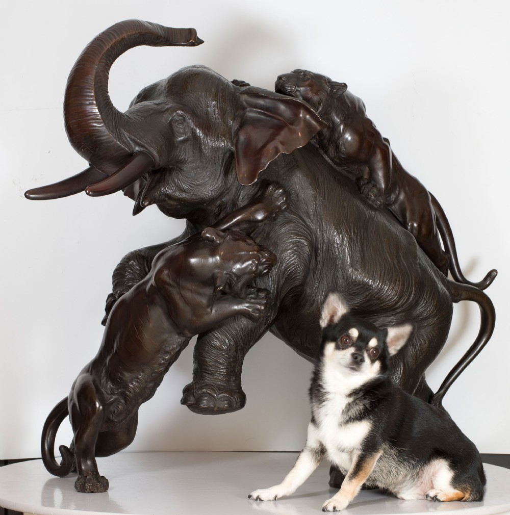 A Monumental Japanese Bronze Elephant & Tiger Okimono - Morimitsu for Seiya. View XV