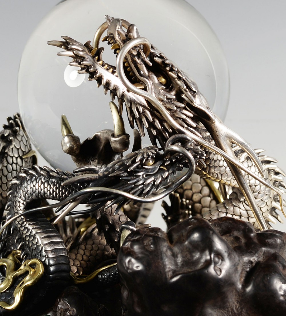Japanese Cast Silver & Mixed Metal Dragon Okimono - Kazumi View XII