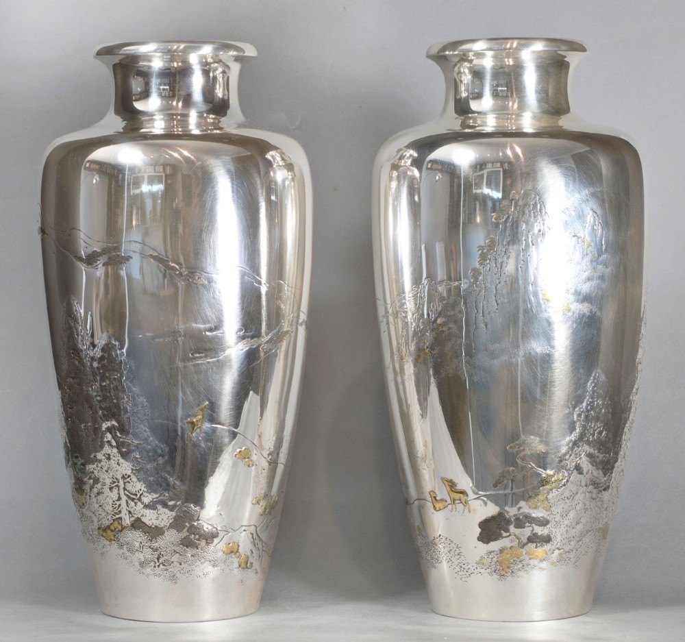 large pair of japanese silver mixed metal vases - CATEGORY: ANTIQUE METAL - DATED 1900