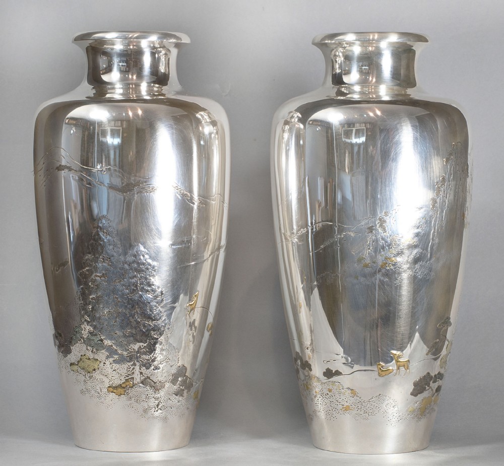 Large Pair Of Japanese Silver & Mixed Metal vases View II