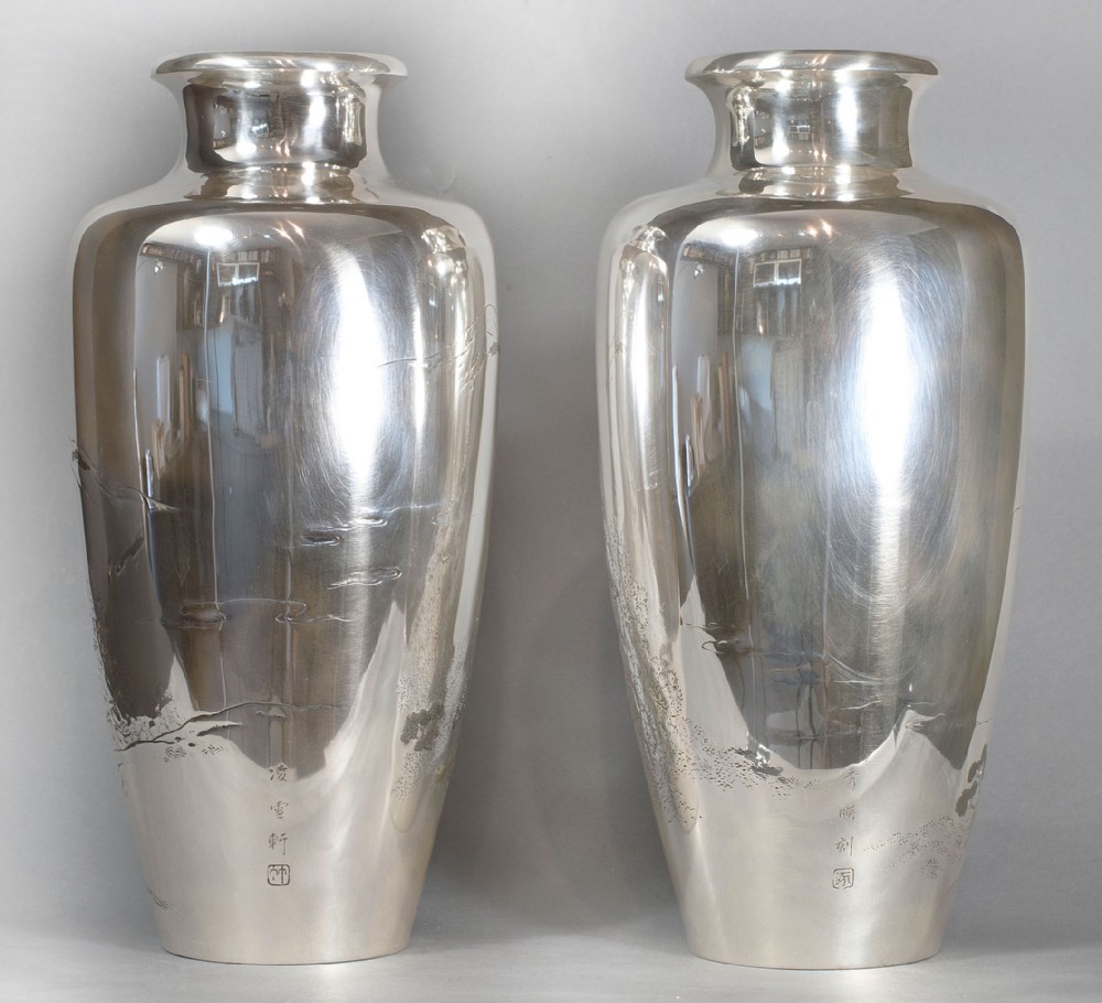 Large Pair Of Japanese Silver & Mixed Metal vases View IV