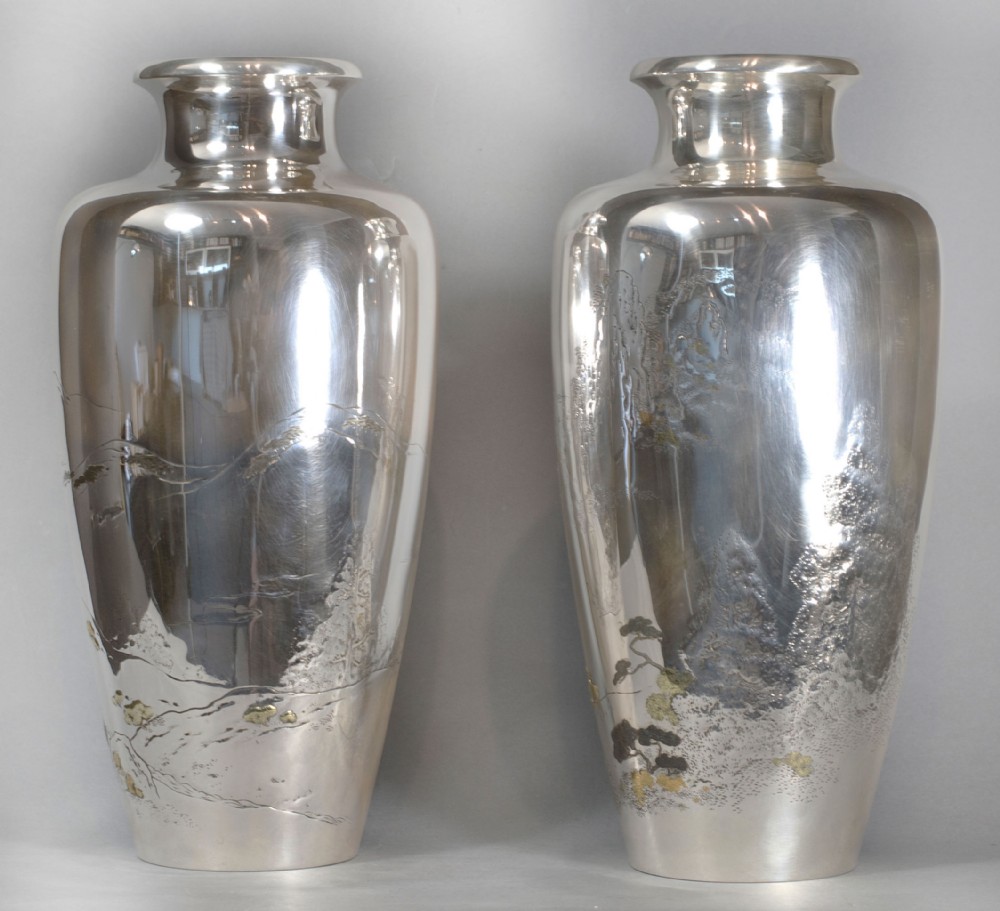 Large Pair Of Japanese Silver & Mixed Metal vases View VI