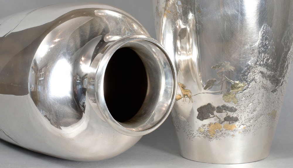 Large Pair Of Japanese Silver & Mixed Metal vases View IX