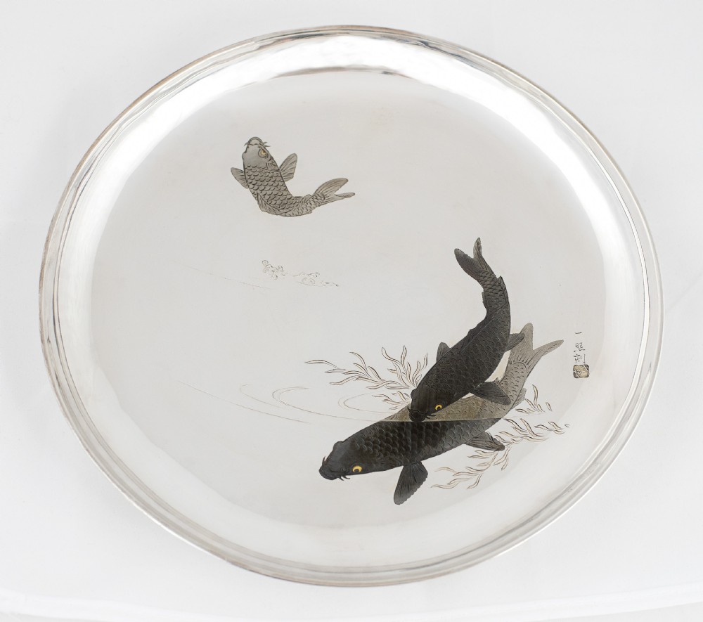 Japanese Silver & Mixed Metal Carp Tray by Masayoshi, Engraved by Kazuteru