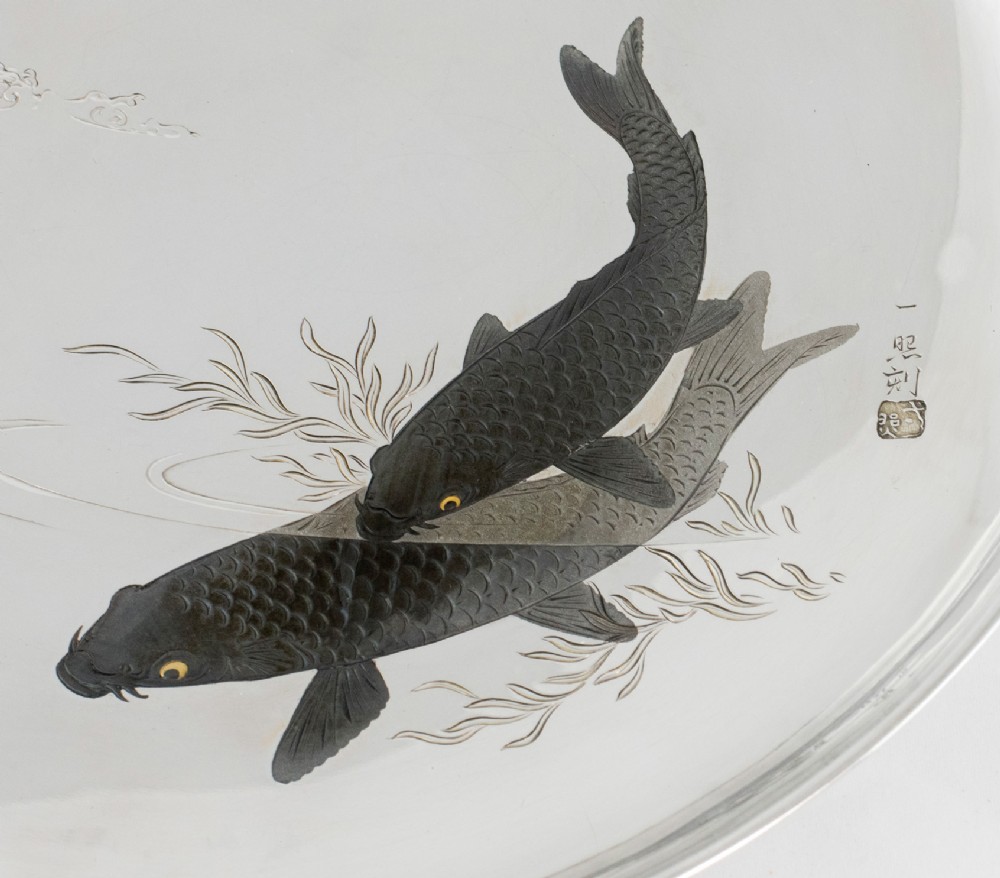 Japanese Silver & Mixed Metal Carp Tray by Masayoshi, Engraved by Kazuteru View III
