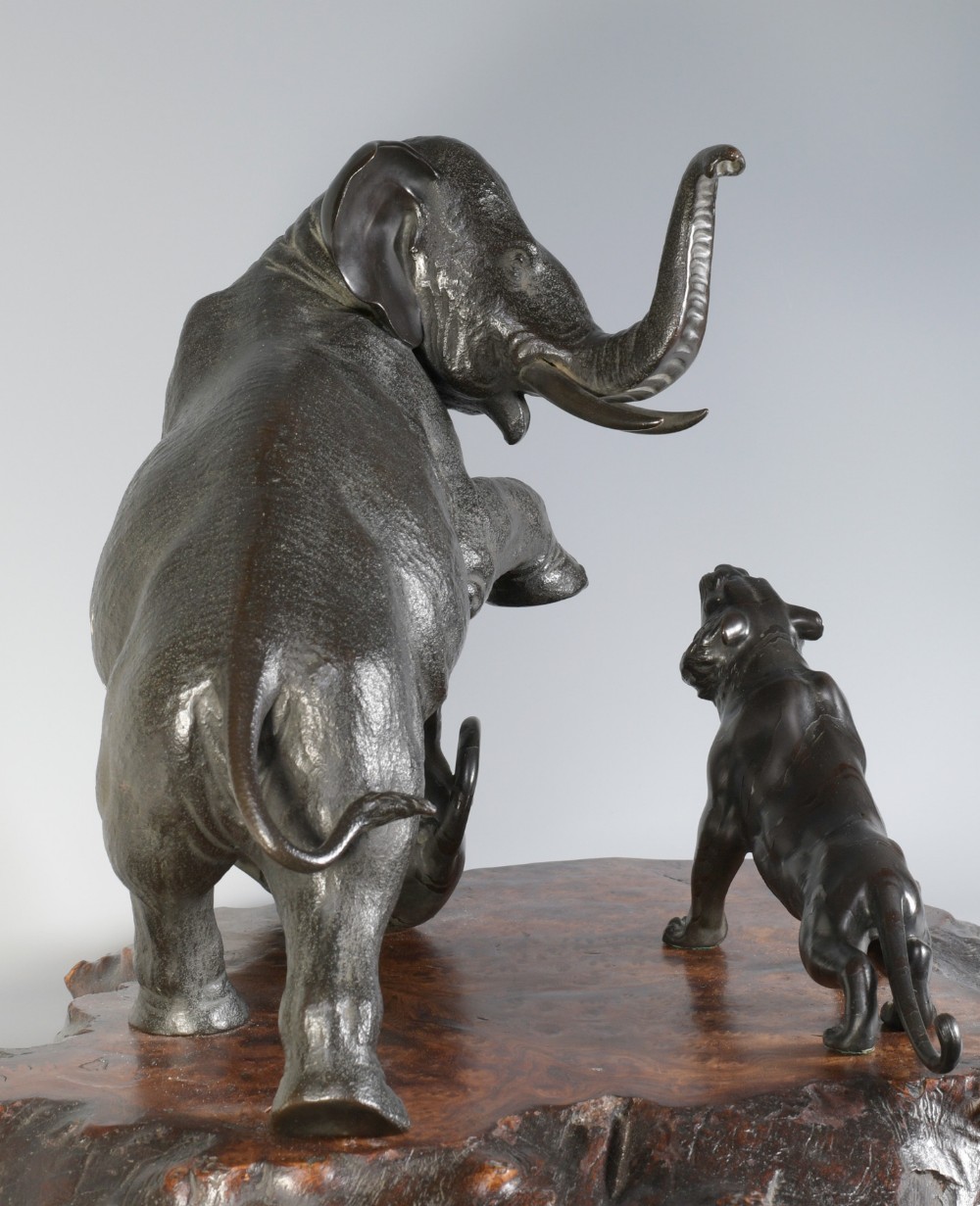 Large Japanese Bronze Elephant and Tiger Okimono by Maruki Company View II