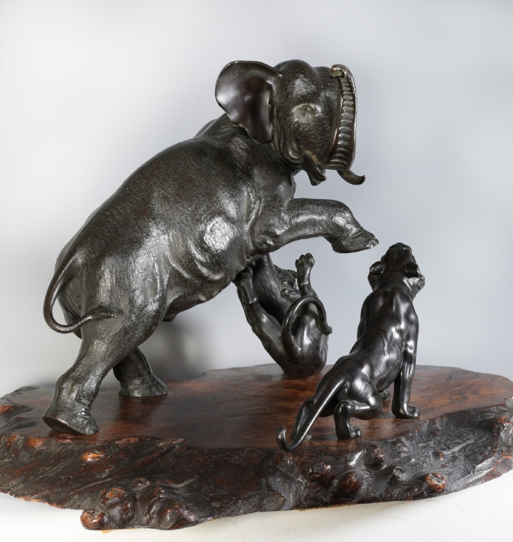 Large Japanese Bronze Elephant and Tiger Okimono by Maruki Company View VII