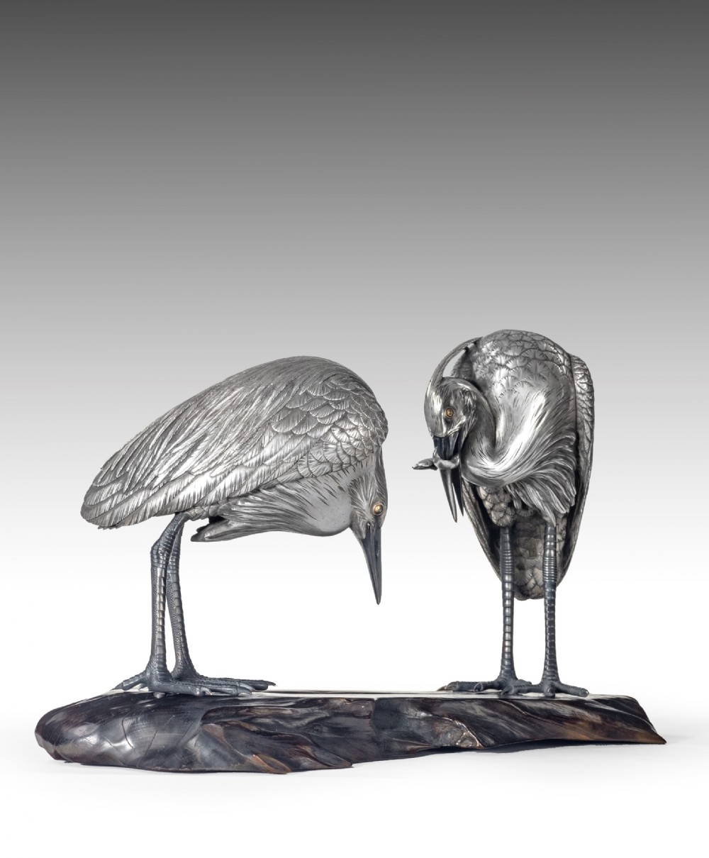 Japanese Silvered Bronze Egrets Okimono by Sano Takachika View III