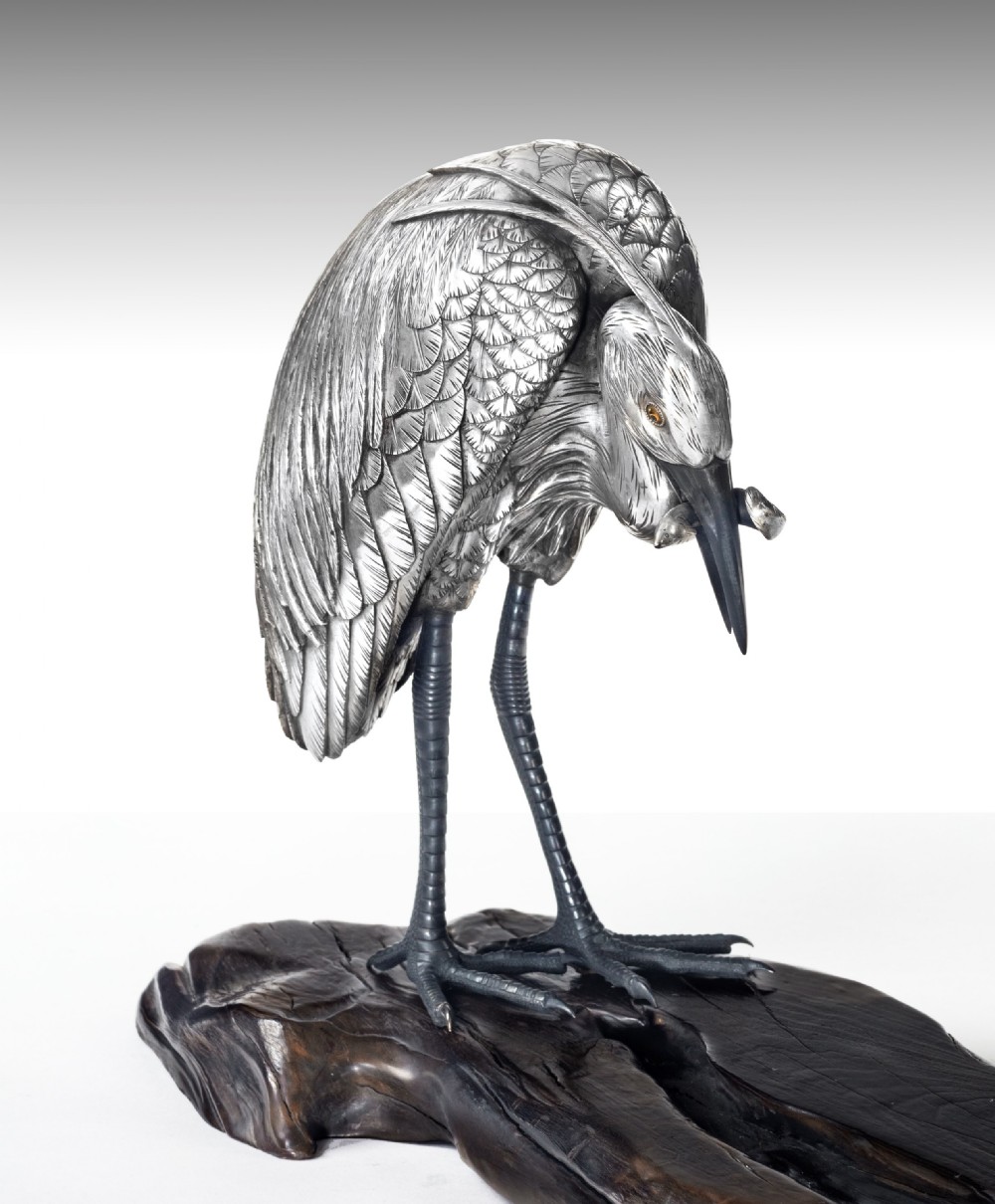 Japanese Silvered Bronze Egrets Okimono by Sano Takachika View IV